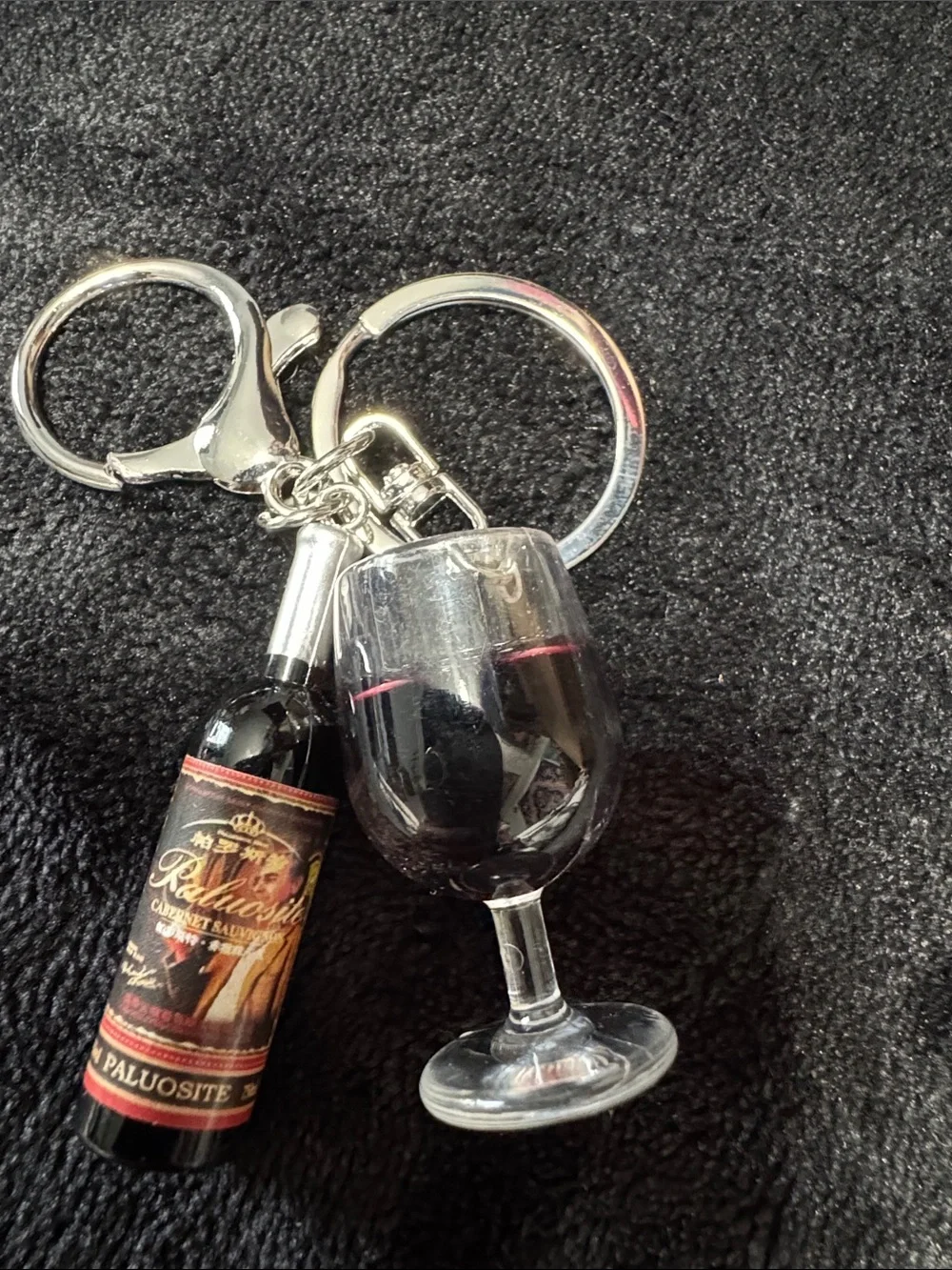 Source Unknown Wine Bottle & Wine Glass Keychain - Black, Red Accents